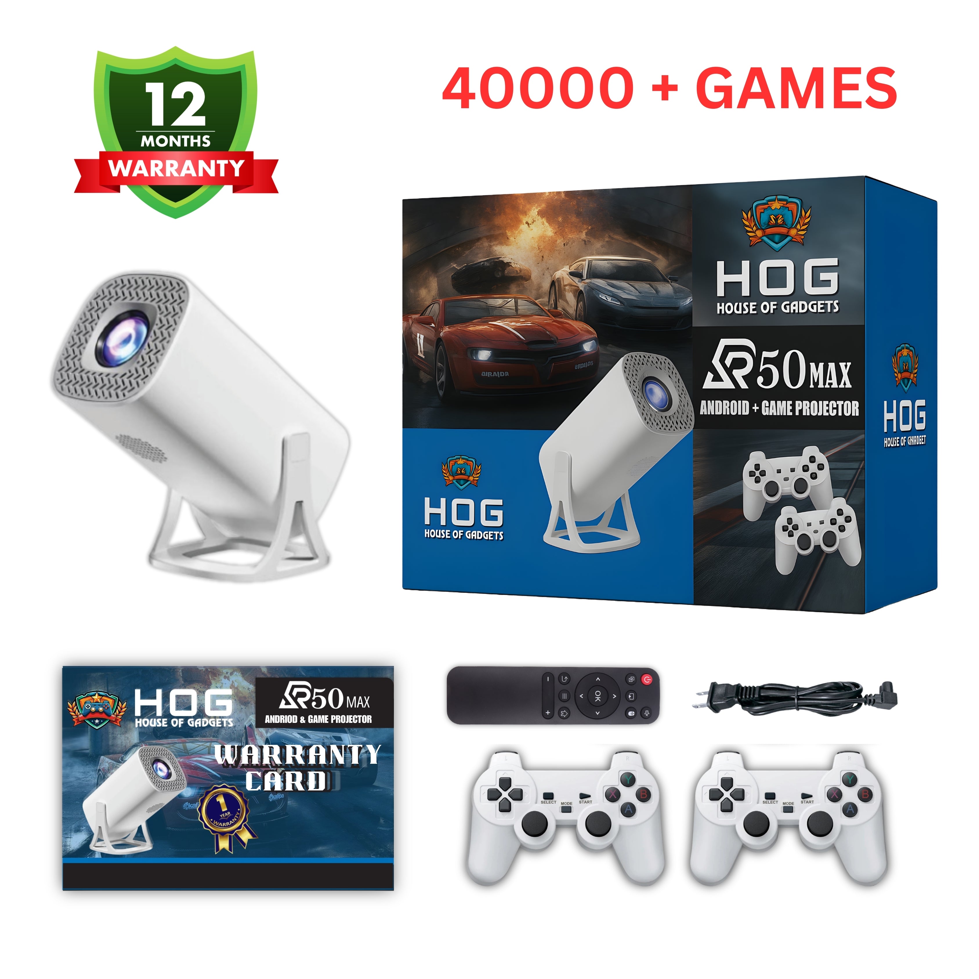 HOG™ R50 Max Android plus Game Projector Support 8K with Two Heavy Built Wireless Controllers