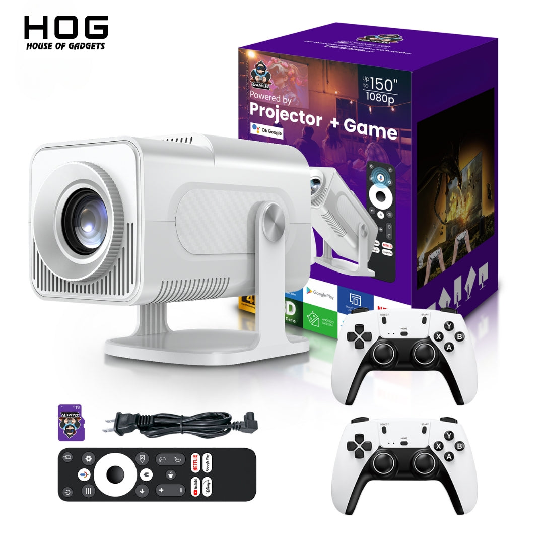 P80 Max Android plus Game Projector Support 8K with Two Heavy Built Wireless Controllers