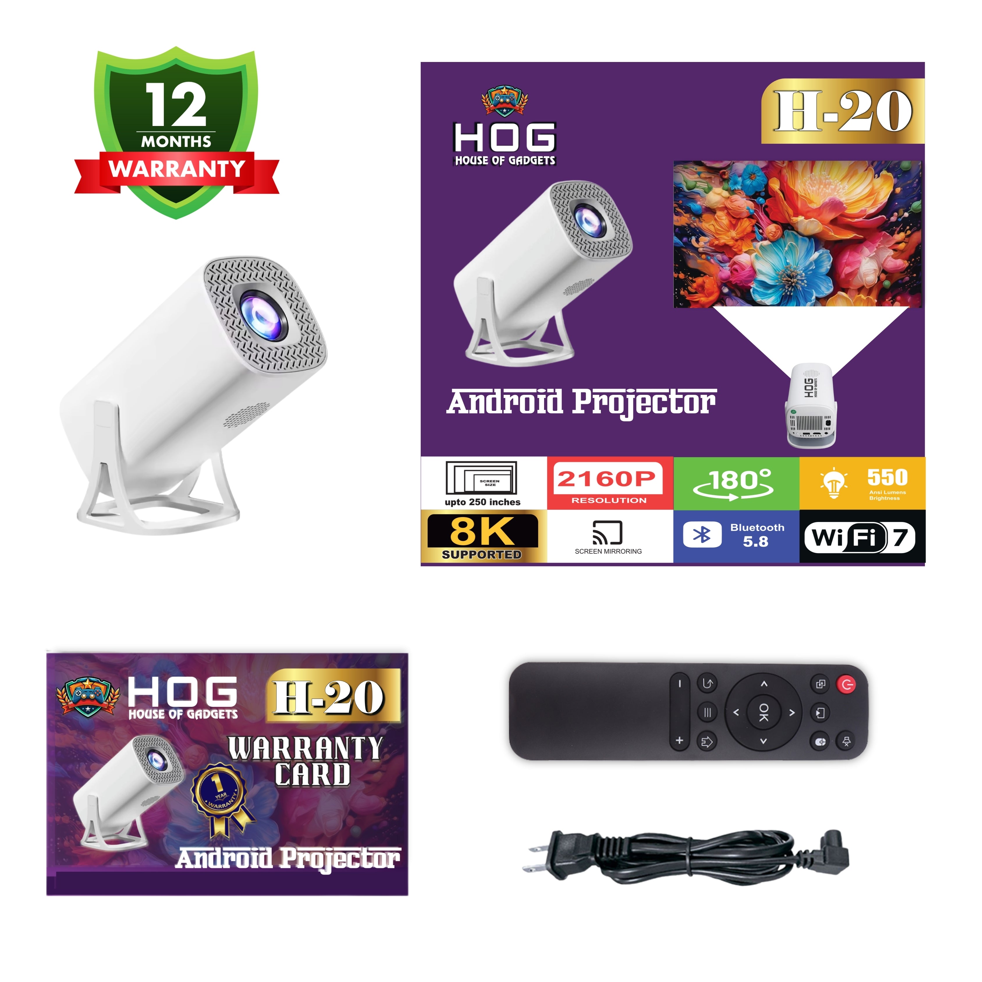 HOG™ H20 Android Projector Support 8K Smart Home Cinema Portable Projector