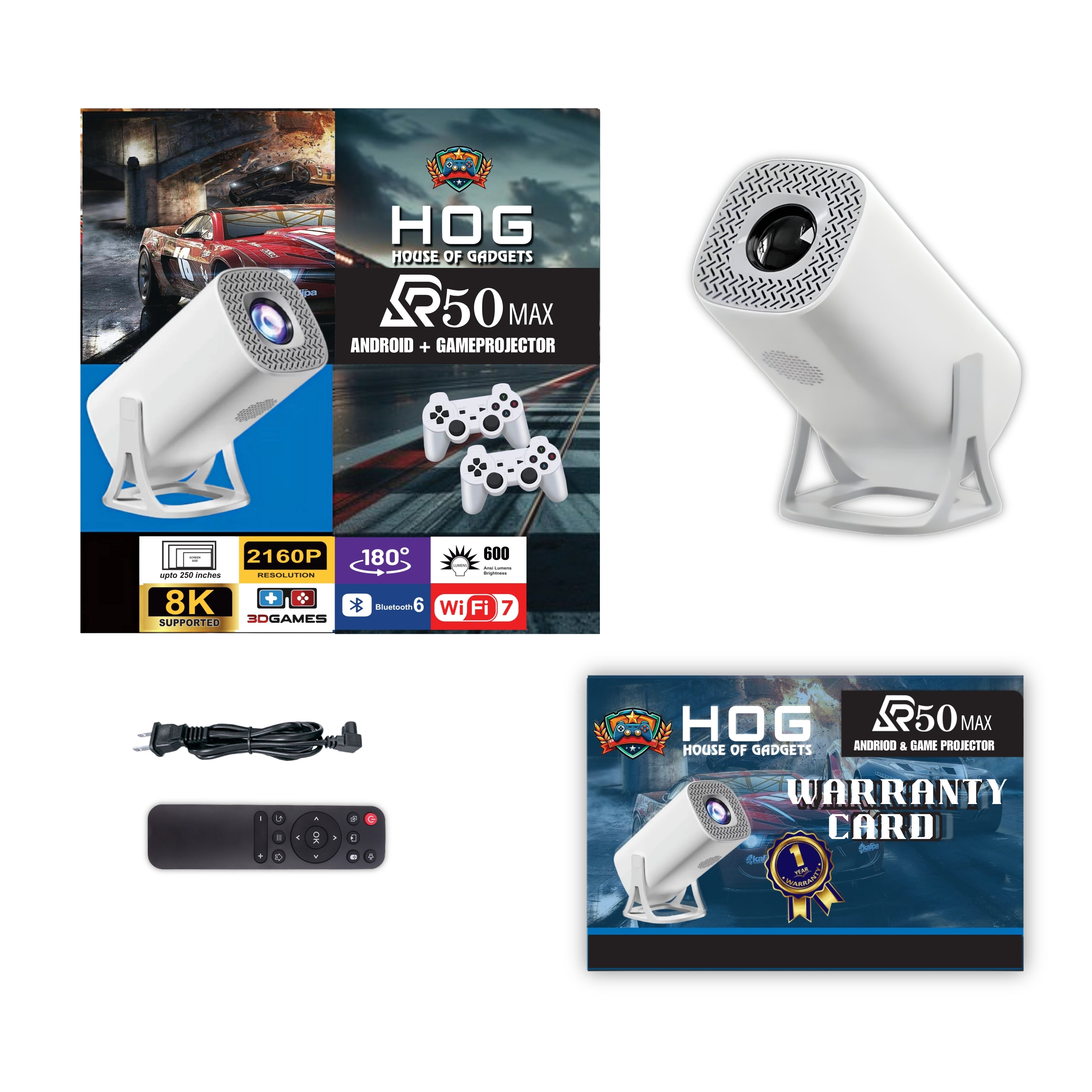 HOG™ R50 Max Android plus Game Projector Support 8K with Two Heavy Built Wireless Controllers