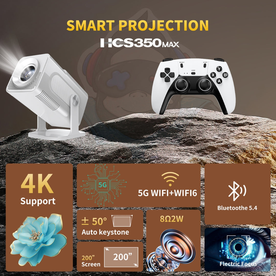 P80 Max Android plus Game Projector Support 8K with Two Heavy Built Wireless Controllers