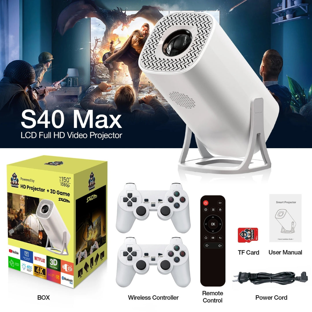 A90 Android plus Game Projector Support 8K with Two Wireless Controllers - House of Gadgets