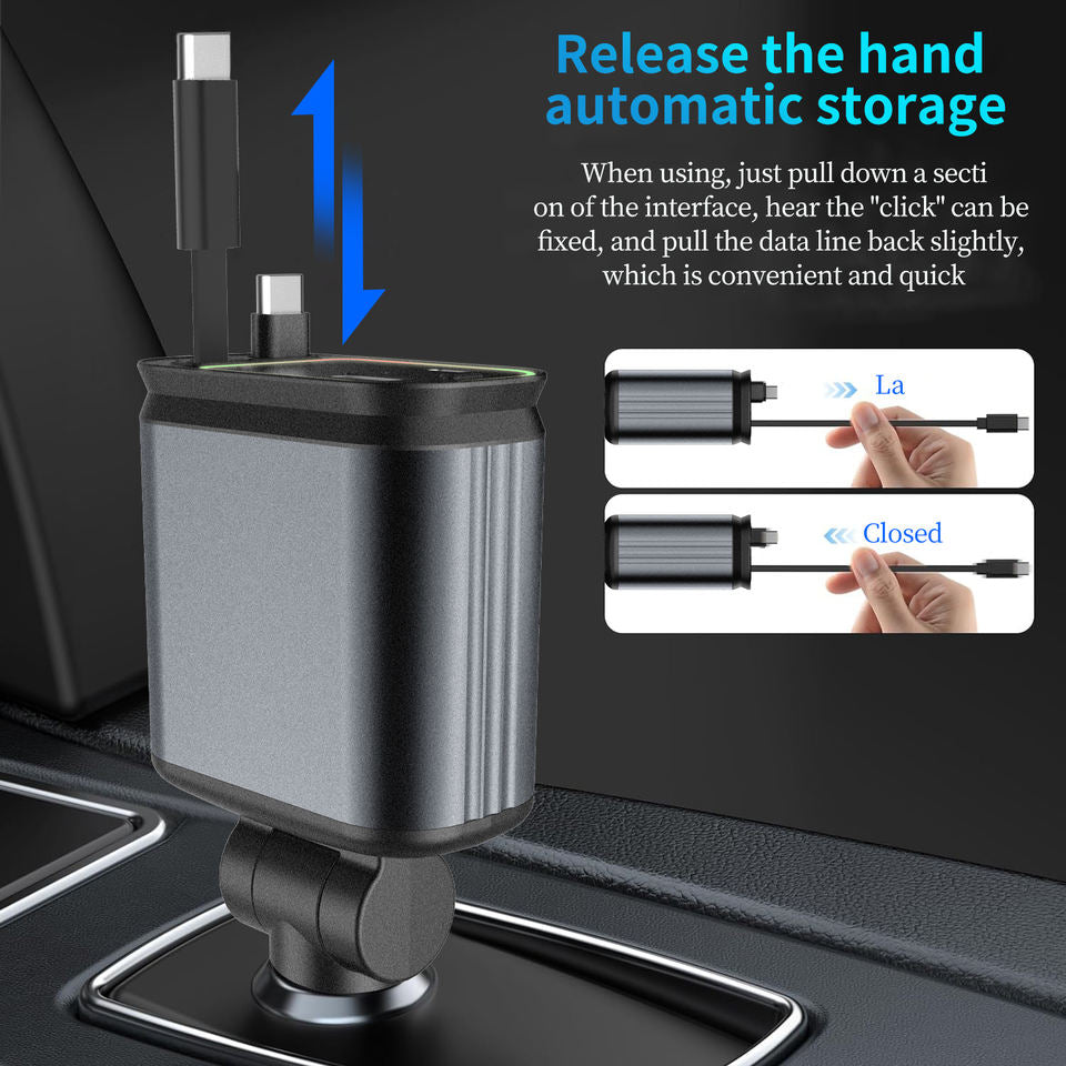 4 in 1 Retractable Car Charger 120W Fast Charging Car Station with Ambient Star Light