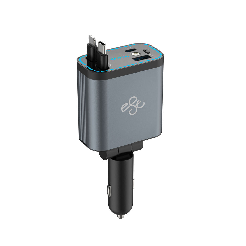 4 in 1 Retractable Car Charger 120W Fast Charging Car Station with Ambient Star Light